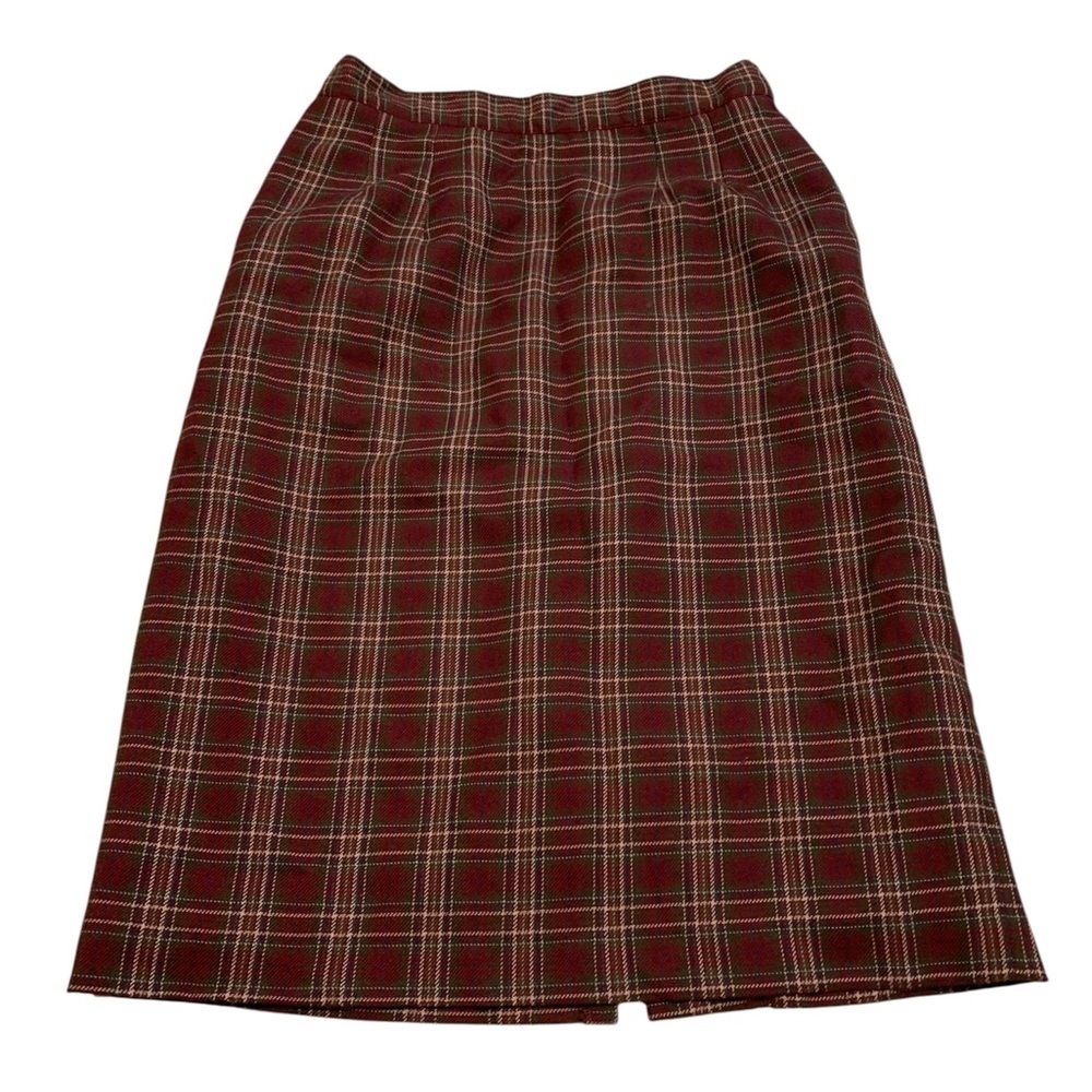 Vtg 80s Tabi International Burgundy Plaid Midi Skirt- Wool Blend- Size 10